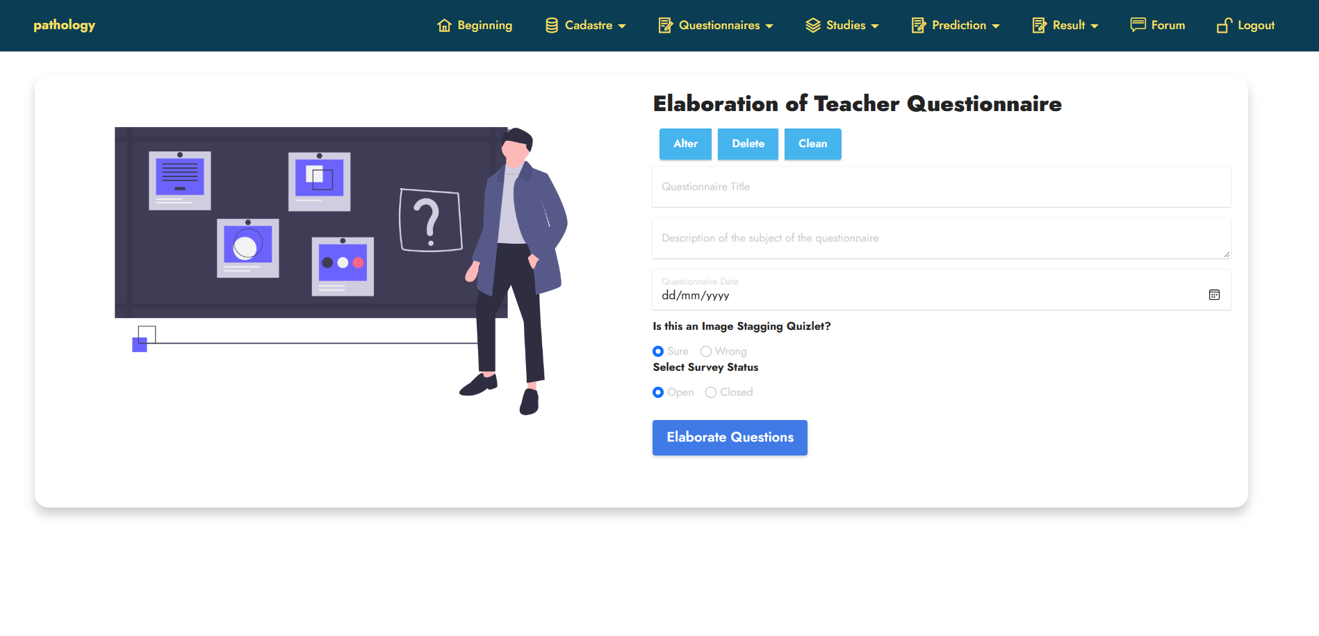 <p><strong>patologIA</strong> is a medical imaging training system that is comprised of four main modules.</p>

<ol>
	<li style="text-align:justify">Question Creation and Answer System This system has many sub-systems such as dynamic question creation for a single group or subject. Automatic result calculation system. Easy exam attempting system. and exam availability system.</li>
	<li style="text-align:justify">The second Module of patologIA is related to medical research studies. <strong>A teacher can upload a research paper or report in the system and a student can easily read it by searching the name of the study along with a unique ID that a teacher will give the student at the time of signup.</strong></li>
	<li style="text-align:justify">Prediction Module, In this module an <em>AI-trained Image processing model</em> will predict the diseases from the image of a <strong>CT Scan</strong> or <strong>X-ray</strong>, such as pneumonia or COVID-19.</li>
	<li style="text-align:justify">I have also developed a secure signup and login system for staff and students.</li>
</ol>